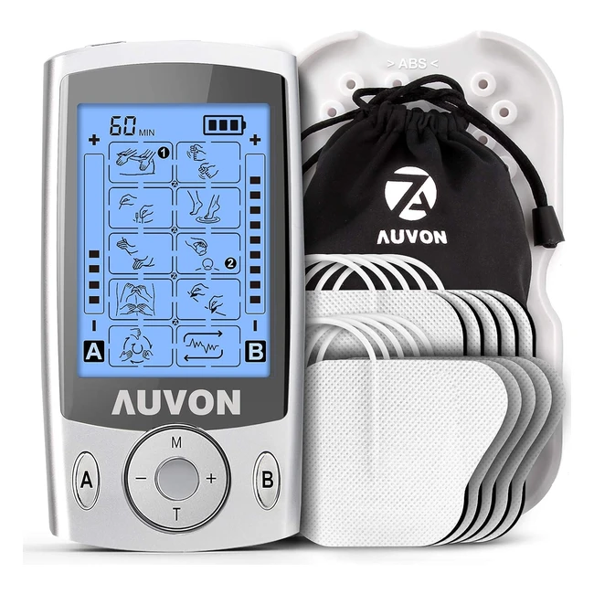AUVON Electrostimulateur Musculaire Double Canal - Soulagement Douleur, 20 Modes, 10 Électrodes TENS