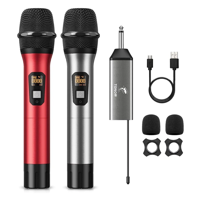 TONOR Microfono Senza Fili UHF - Sistema Dinamico a Doppio Cordless in Metallo - 60m TW630 Grigio e Rosso