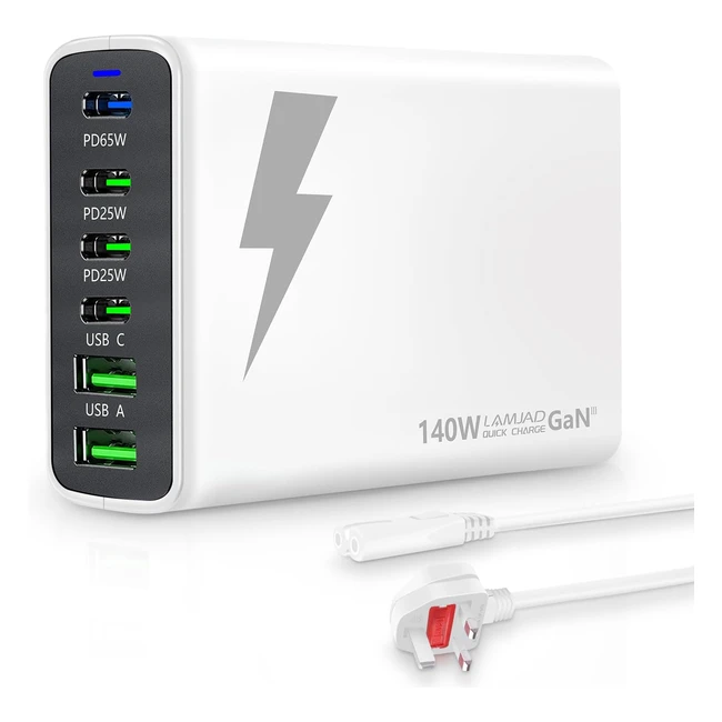 140W USB C Charger - Lamjad Multi USB Charger - 6-Port GAN PD Travel Charging Station - Fast Charger Plug - Compatible with MacBook Pro, HP Laptop, iPad, iPhone, Huawei - White