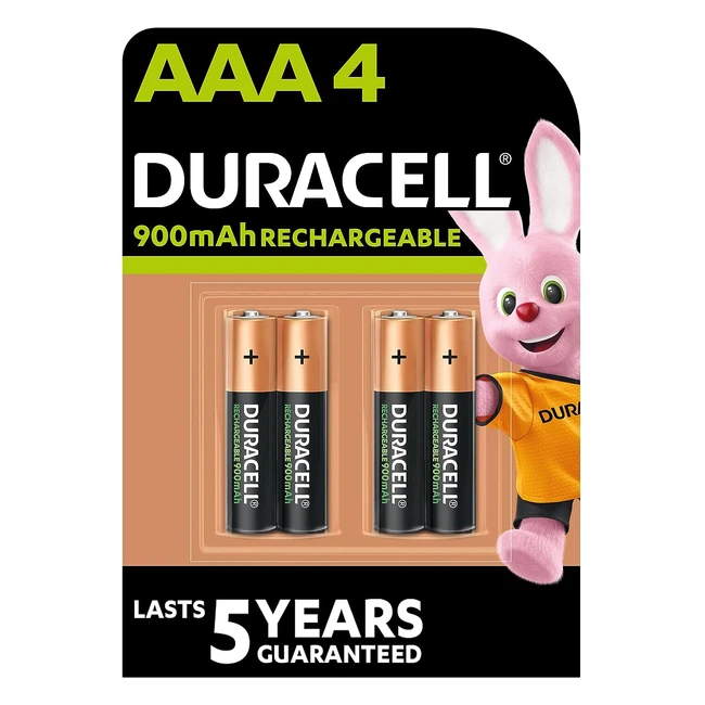 Duracell Rechargeable AAA 900mAh Batteries - Pack of 4 - Stay Charged for 12 Months - Lasts 5 Years - Precharged - Ideal for Wireless Controllers, Baby Toys, and More