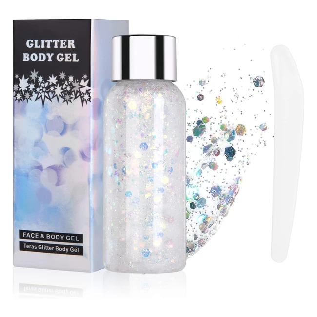 Gel de Purpurina Facial URAQT - Brillo Corporal para Maquillaje - Festival de Maquillaje Brillante para Cara, Cabello y Cuerpo - Halloween Blanco