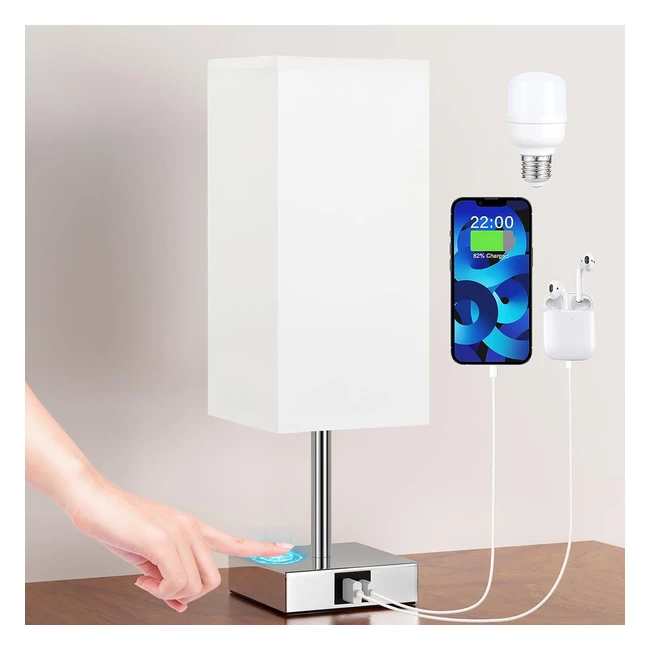 Aooshine Bedside Lamp Touch Control Table Lamp with USB AC Charging Ports - 3 Way Dimmable - White Fabric Shade - LED Bulb Included