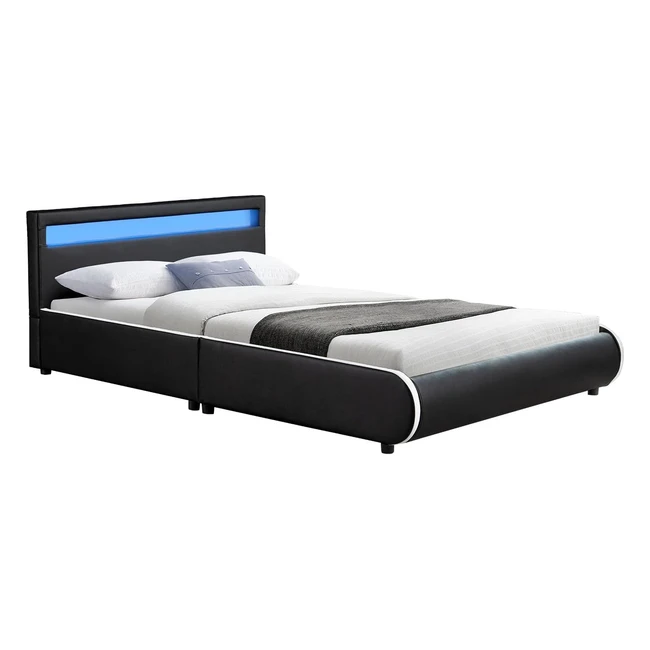 Juskys Polsterbett Sevilla 140x200 cm - LED-Beleuchtung, Kunstleder, Schwarz
