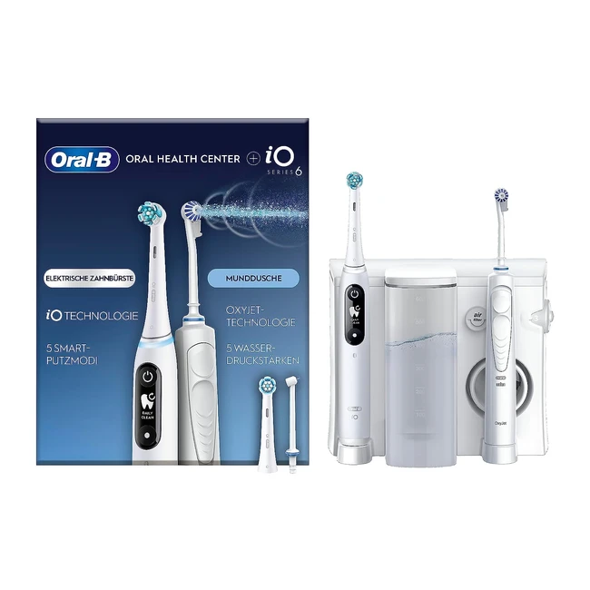 Oral-B IO Series 6 Elektrische Zahnbürste mit OxyJet Munddusche - 2 Aufsteckbürsten, 2 Ersatzdüsen Set für Zahnreinigung und Zahnpflege - Geschenk Mann/Frau - Designed by Braun - Weiß
