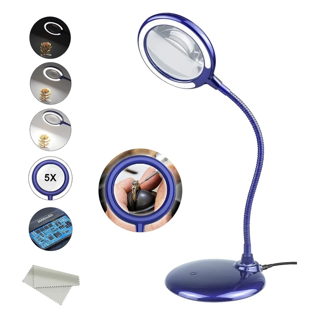 Lmpara Recargable 5 Aumentos Regulables Manos Libres con Luz y Soporte - Lupa 