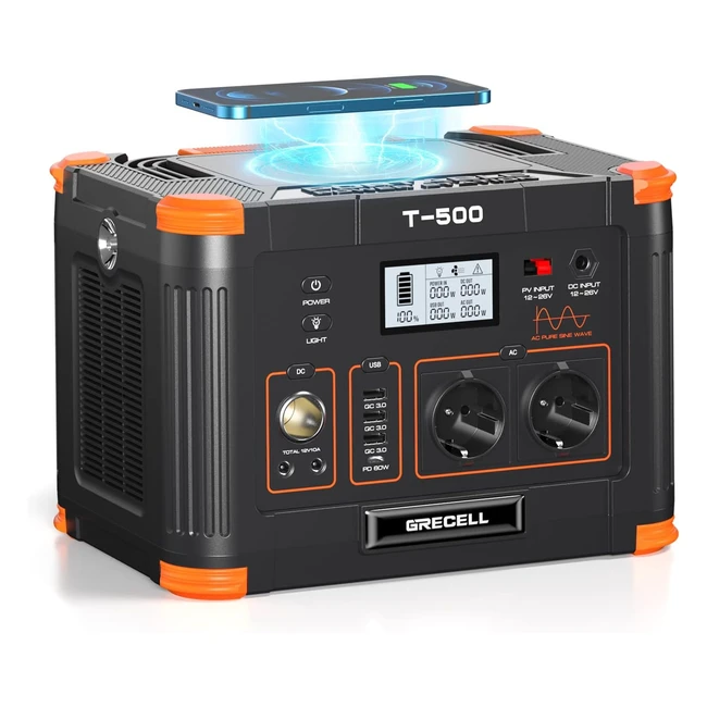 GreCell Tragbare 500W Powerstation 519Wh Lithium Batterie Peak 519Wh Solar Generator mit AC/DC/USB Power Station Solar für Camping Outdoor Reisen und Notfälle