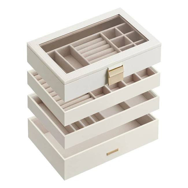 Songmics Stackable Jewellery Trays 4-Tier Box | Large Case | Clear Glass Lid | 17x28x183 cm | White
