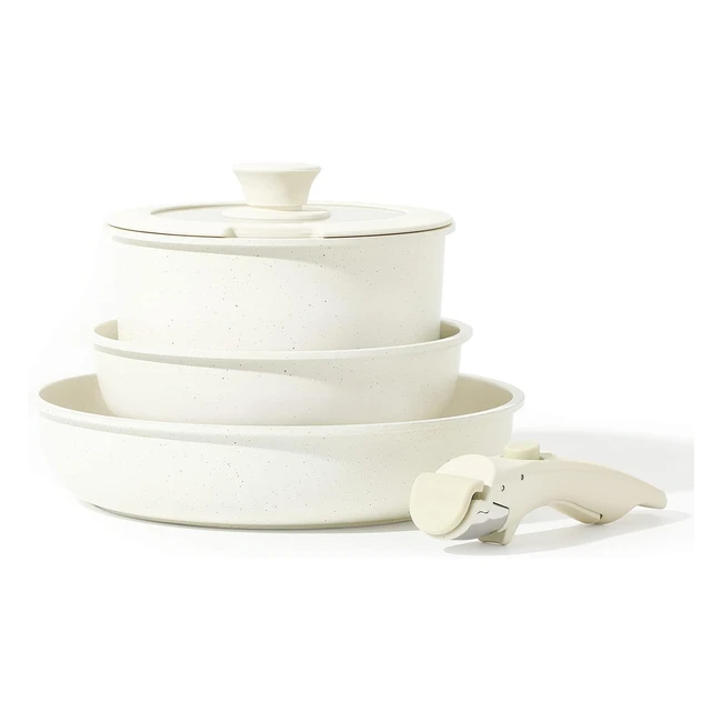 Set 5 Padelle Antiaderenti Carote 20/26cm, Casseruole 18cm/18l, Manici Amovibili, Coperchi Induzione/Gas/Forno