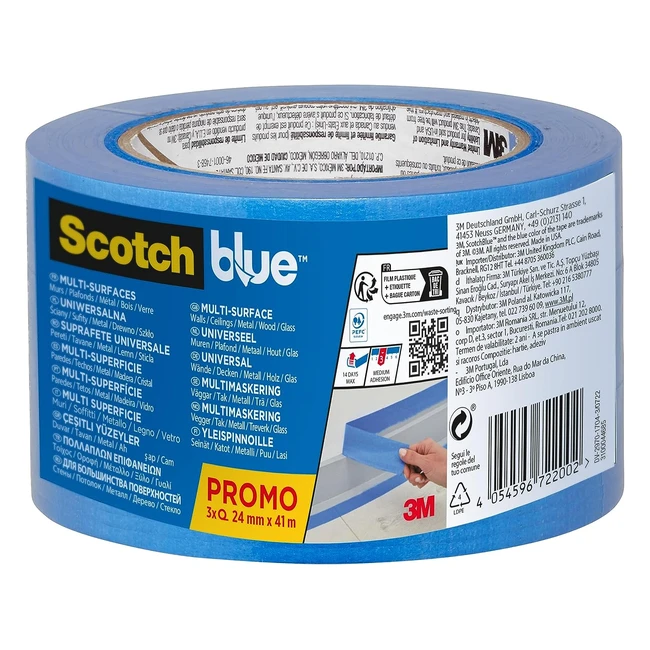 Cinta de enmascarar ScotchBlue 24mm x 41m - Multisuperficie - Retirada limpia - 