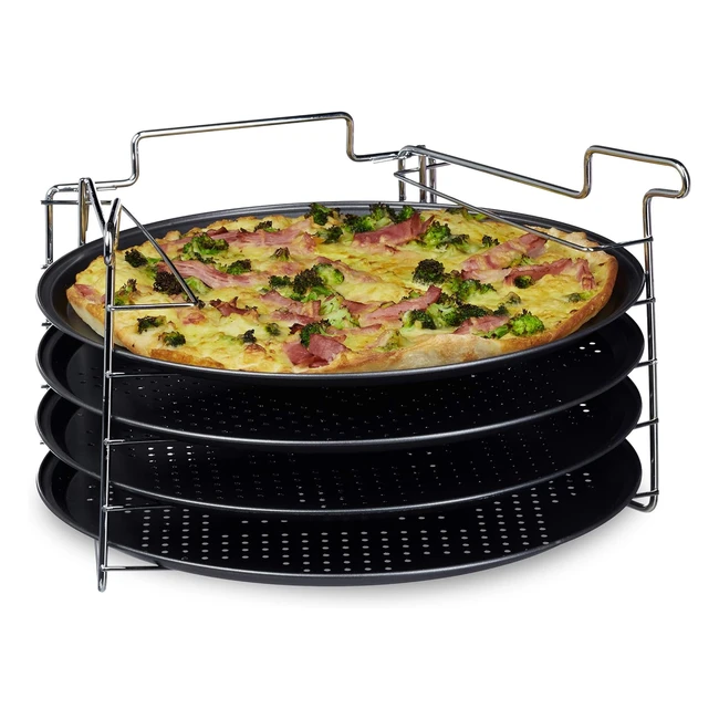 Set 4 Teglie per Pizza Pane Rotonde - Supporto Metallo Antiaderenti - 32 cm da Forno - Antracite Acciaio Rosso