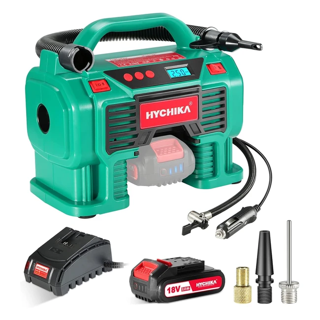 Compresseur d'air portatif 18V Hychika - Gonfleur pneus voiture - Alimenté par batterie - Affichage numérique - Convient pour voiture moto vélo