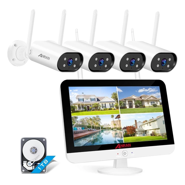 Kit Cámara Vigilancia ANRAN 5MP Wifi 4x Cámaras Seguridad IP Exterior 8CH 1TB HDD NVR 13'' Monitor