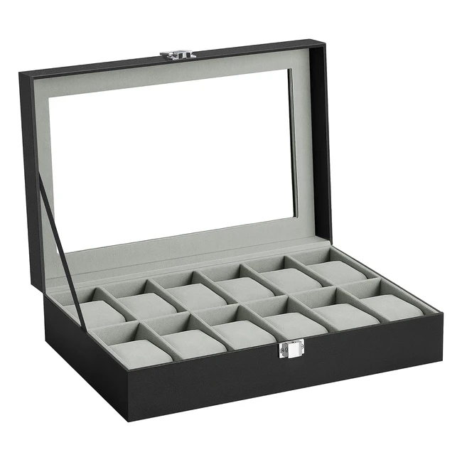 Songmics Watch Box - 12 Slots - Glass Lid - Removable Pillows - Metal Clasp