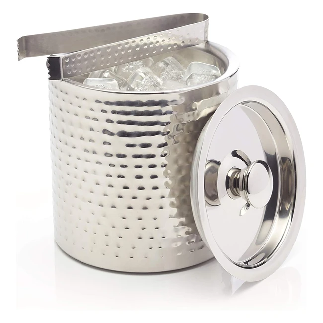 Cubitera de Acero Inoxidable Barcraft con Tapa y Pinzas - Plateado Martillado 15L