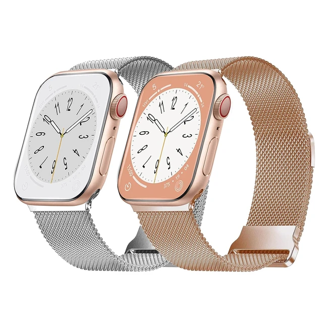 Lot de 2 bracelets compatibles avec Apple Watch 42mm 44mm en acier inoxydable - Série 7 6 5 SE 4 3 - Argent/Rose Or