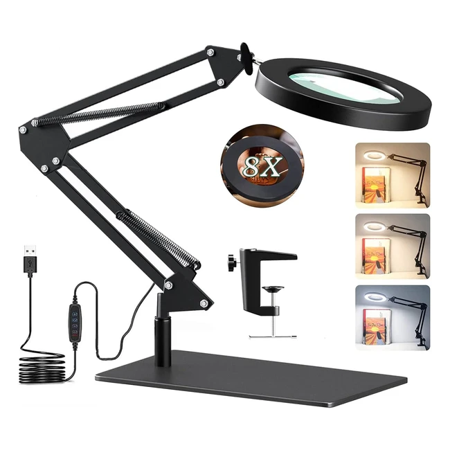 8x Magnifying LED Desk Lamp with Base Clamp - Dimmable Magnifying Glass - 3 Colo