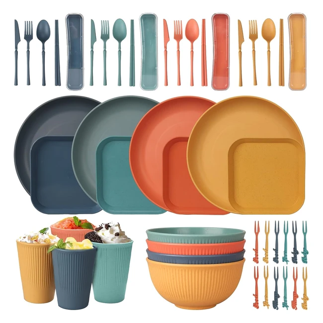 48 pezzi posate plastica riutilizzato stoviglie da picnic con piatto ciotola cucchiaio forchetta coltello bacchette e tazza