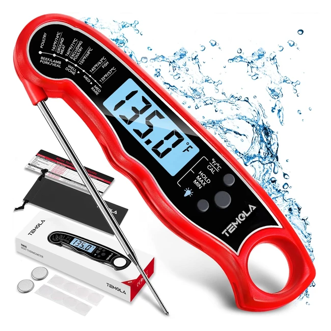 Ultra Fast Digital Cooking Thermometer - Waterproof - Large LCD - Calibration - Red