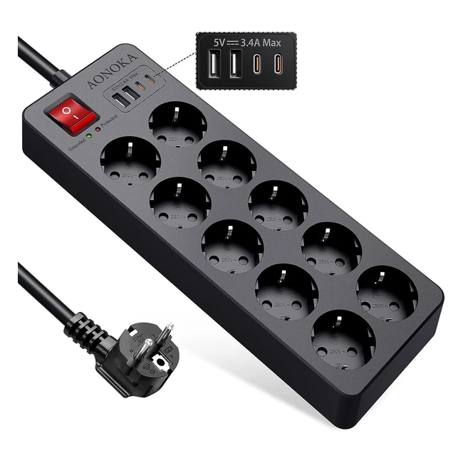Multiprise parafoudre jusqu'à 1700 joules avec 10 prises USB-C et 4 USB, chargeur rallonge électrique avec interrupteur et protection enfant - 15m câble noir