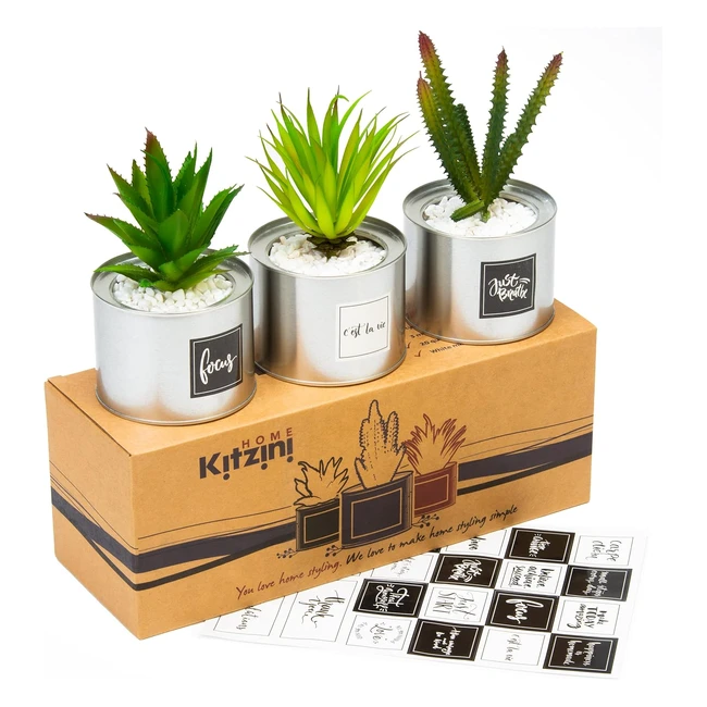 Kitzini Piante Grasse Artificiali - Set 3 Piante Grasse Finte in Vaso Argentato - Stile Boho Chic - Arredo Scrivania Camera da Letto Ufficio - Confezione Regalo