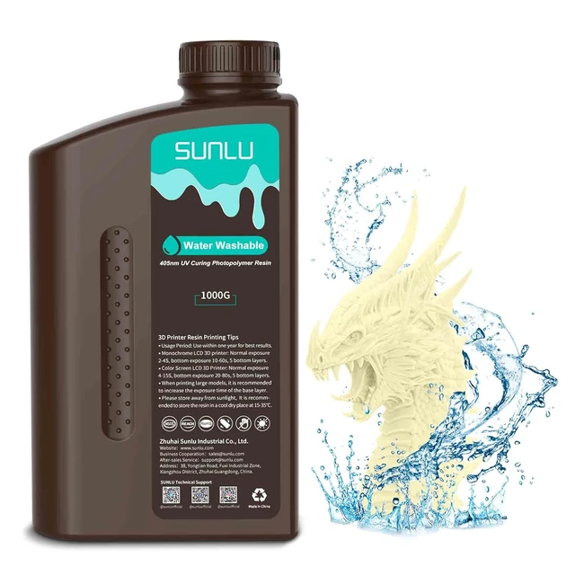 Sunlu Résine Lavable à l'eau pour Imprimante 3D 1kg 405nm UV Résine Photopolymère