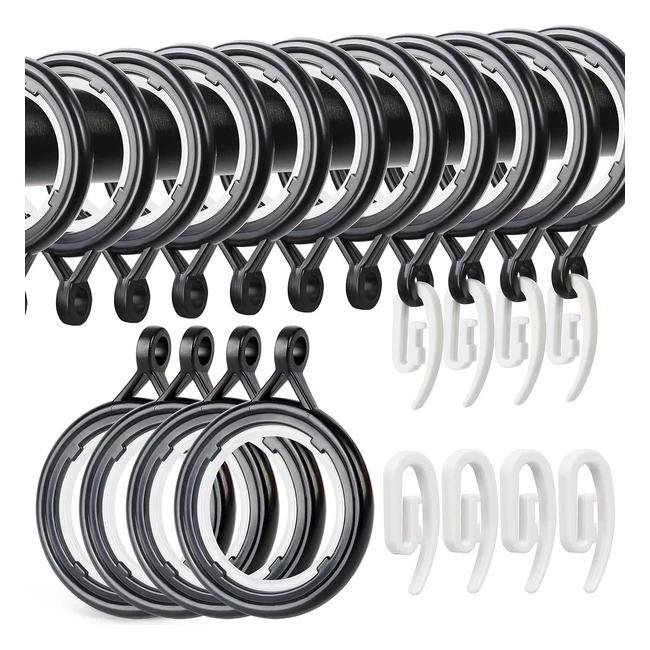 48pcs Anneaux Rideaux Plastique avec Crochet - Résistant à la Corrosion - Noir