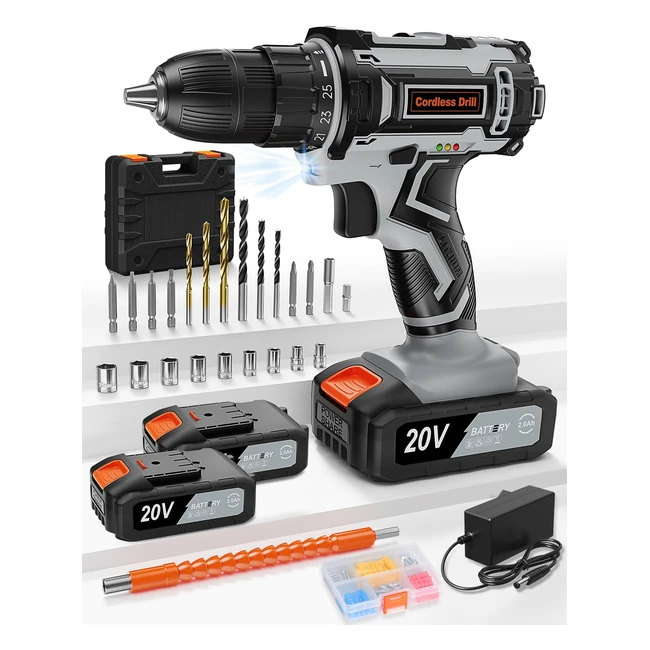 Cordless Drill 20V Battery Drill with 2 Batteries 20Ah 42Nm Power Electric Drills - 251 Torque - LED Light - 89pcs Drill and Screwdriver Set