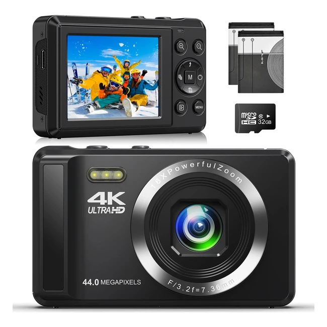 Compact 4K FHD Vlogging Camera - 44MP Autofocus - Rechargeable - 16x Digital Zoom