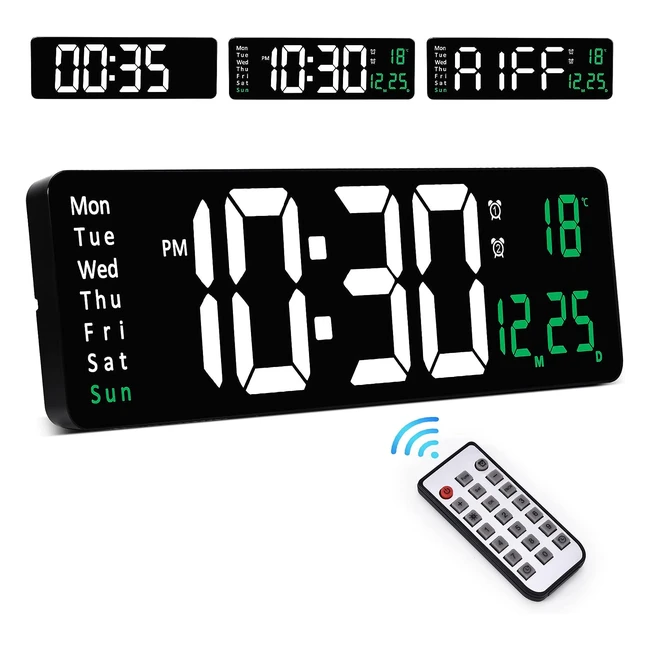 Grande horloge murale numérique avec télécommande - Écran extra large - Réveil, date, température, minuteur - Maison, bureau, salle de classe - Vert