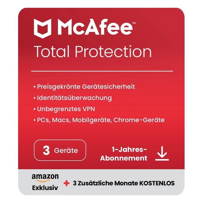 McAfee Total Protection 2023 - Exklusiv bei Amazon - 3 Geräte - Virenschutz und Internetsicherheitssoftware - Unlimited VPN
