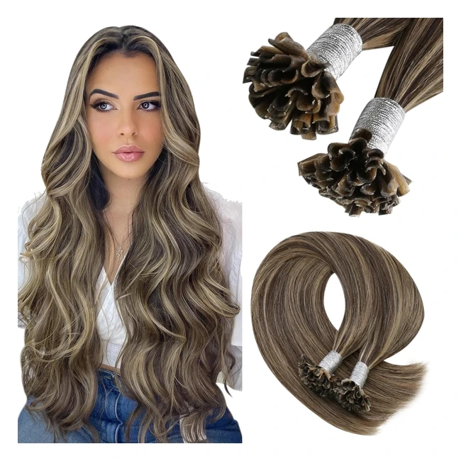 Extensions Cheveux Naturel Keratine Chaud 20 Pouces - Brun Foncé avec Blond Caramel Highlight