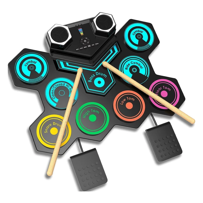 Portable Electric Drum Kit - Foldable Kids Drum Pad with Stereo Speakers - 9 Pads Silicone Electronic Drum Set
