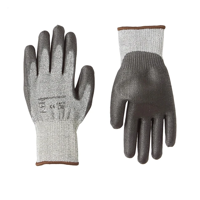 Guantes de trabajo AmazonCommercial con revestimiento de PU y Goldsilk nivel 5 D, resistentes a cortes mecánicos, constructores, jardinería, paquete de 2 blancos con motas gris/negro