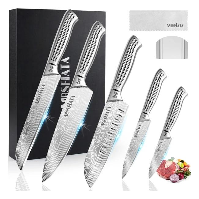 Mosfiata Küchenmesser-Set Edelstahl 5-teilig: Kochmesser, Santokumesser, Universalmesser, Brotmesser, Schälmesser