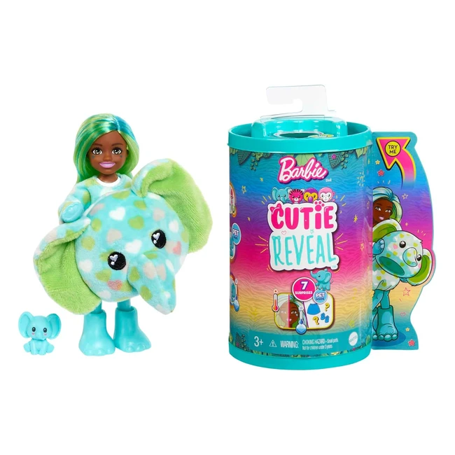 Barbie Poupée Mannequin Chelsea Cutie Reveal Série Jungle - Costume d'Éléphant en Peluche - 7 Surprises - Jouet Enfant 3+