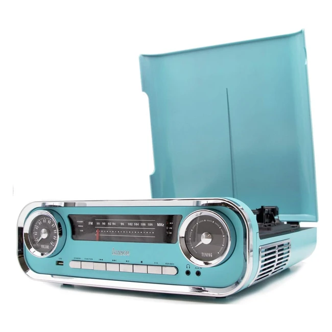 Giradischi Designer Auto d'Epoca 2 Altoparlanti Stereo Integrati Lettore LP con Radio FM Funzione Bluetooth USB AUX 3 Velocità 33 45 78 Lauson 01TT18 Blue