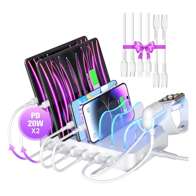 Estación de carga USB-C Soopii de 6 puertos, carga rápida PD 20W, incluye cables de carga