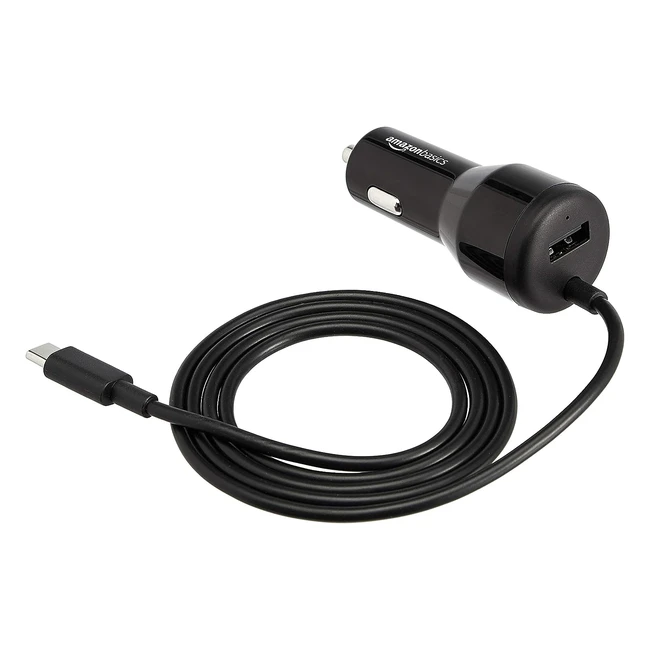 Amazon Basics KFZ-Ladegerät USB-C 18W mit Stromversorgung und USB-A 12W mit Kabel, Schwarz