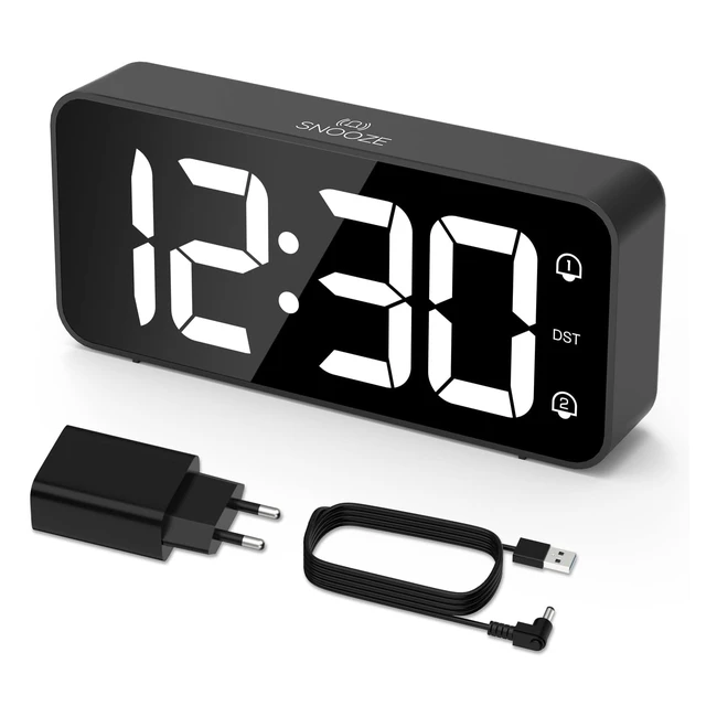 Réveil numérique LED LaTec avec adaptateur 0100 - Luminosité et volume réglables - Grand écran 58 - 2 alarmes - Fonction snooze - Pour bureau ou chambre - Noir