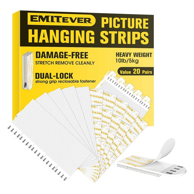 Emitever Picture Hanging Strips - Damage Free Hanging - 20 Pairs - Strong Adhesive - Holds up to 132 lbs