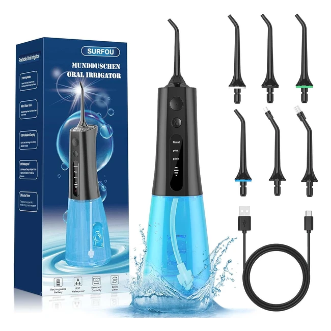 Surfou Water Flosser - IPX7 Waterproof, USB Rechargeable, 3 Modes, 6 Jet Tips