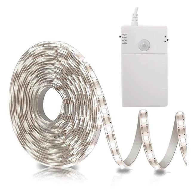 Tiras LED con Sensor de Movimiento - Funciona con Pilas - 2m 60 LED - Luces de Tira LED Interiores - 2 Modos - Blanco Frío 6000K
