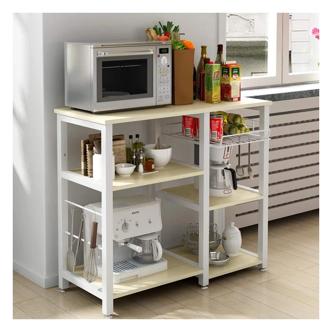 Scaffale Cucina Salvaspazio DlandHome - Supporto per Microonde e Forno - Mensola Cucina per Piatti e Ciotole - 6 Portaspezie - Cestello Ferro - 3 Gancio Acero