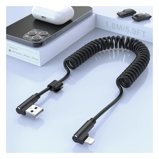 Cable de Carga en Espiral para iPhone Apple en Ángulo Recto de 90 Grados - Certificado MFi - Compatible con Car Play - Cable USB Espiral - Transmisión de Datos para iPhone 1413 1211 XsXr 87 65