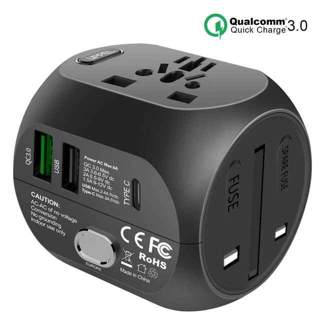 Adaptador de Viaje Universal Milool - Tres Puertos USB - Tipo C - Negro