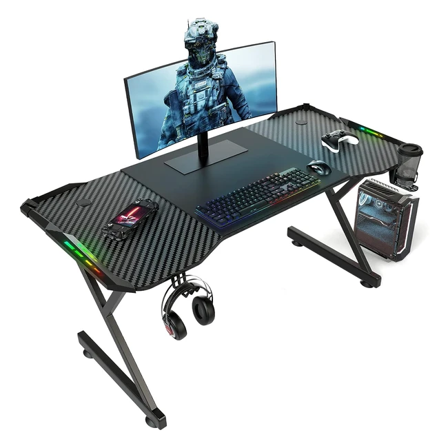 Bureau Gaming LED HLFURNIEU 120x60cm - Fibre de Carbone - Noir