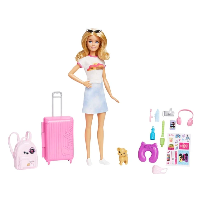 Barbie Doll and Accessories Malibu Travel Set with Puppy and 10 Pieces - HJY18