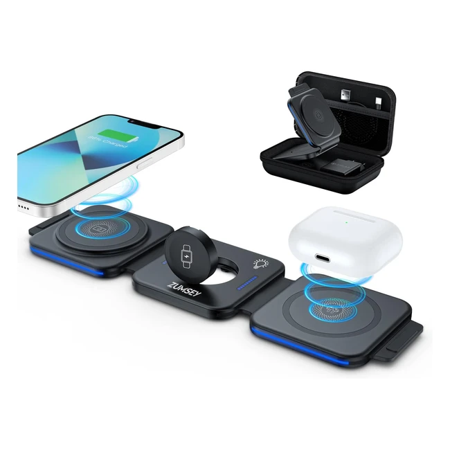 Chargeur Induction Pliable 3 en 1 Zumsey - iPhone 14 13 12 11 Pro Max - Station de Charge pour Apple Watch - Airpods Pro