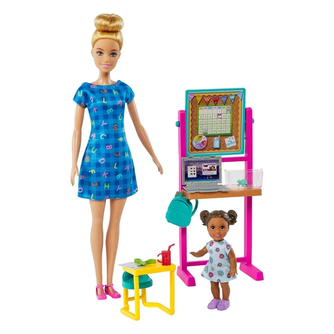 Coffret Barbie Maîtresse d'école avec poupée enfant, tableau chevalet, ordinateur portable, sac à dos, bureau d'écolier, tortue de compagnie - Jouet enfant dès 3 ans