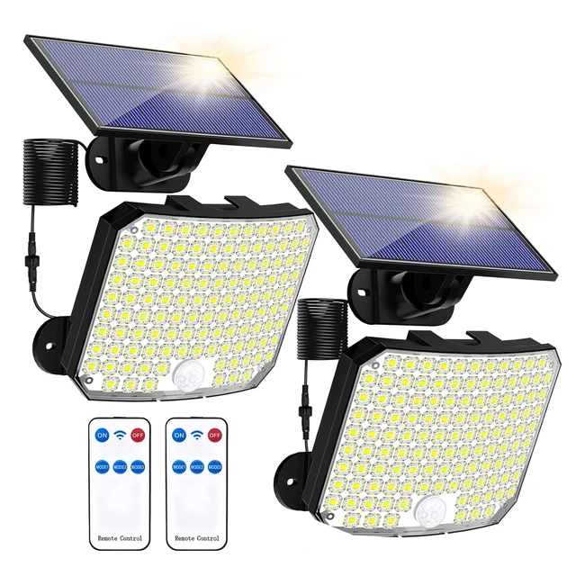 Lampada Solare Esterno 2 Pezzi 118 LED - Sensore Movimento - Telecomando - 180° Illuminazione - 3 Modalità - IP65 Impermeabile - Cavo 5m
